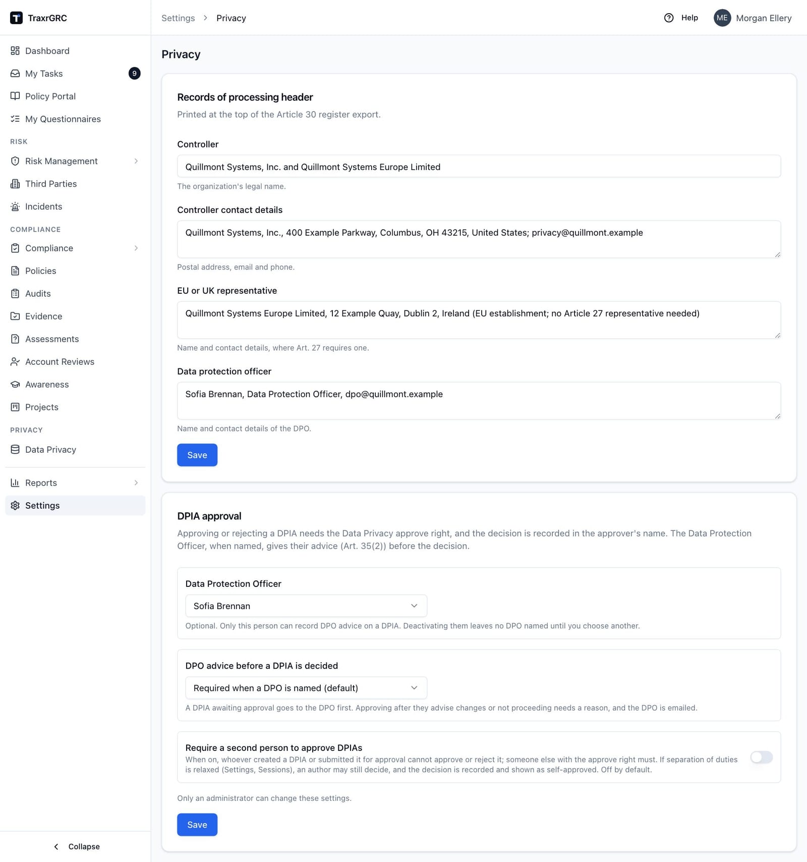 The Privacy settings page with the records of processing header and the DPIA approval card.
