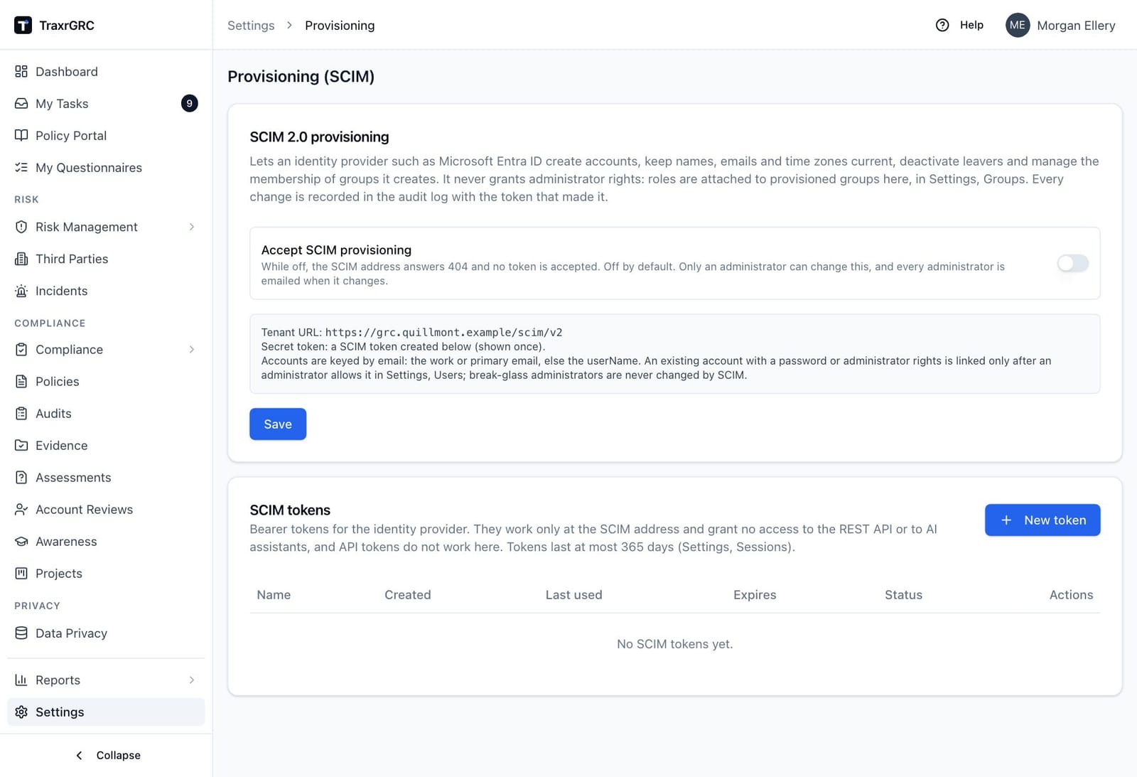 The Provisioning screen with the SCIM 2.0 provisioning switch, the tenant URL and the SCIM tokens list.
