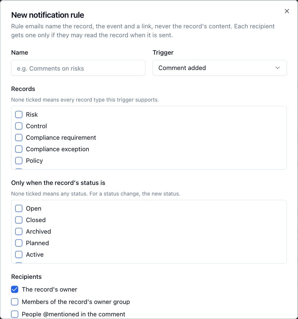 The New notification rule dialog with the trigger, record types, status condition and recipient choices.
