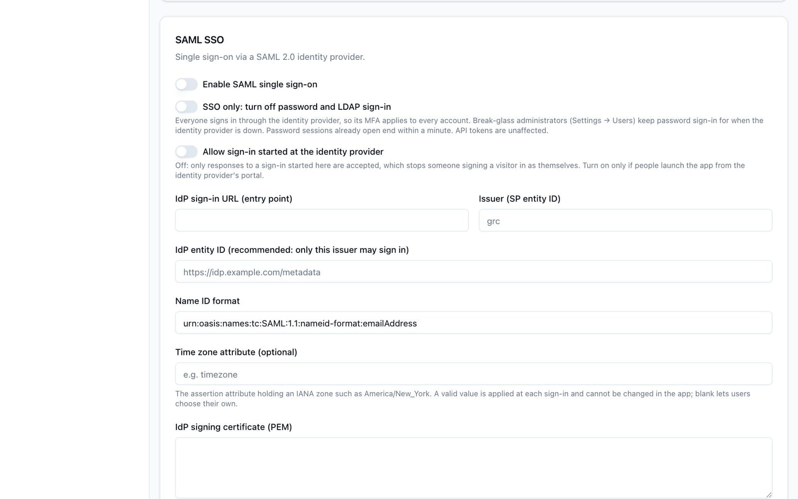 The SAML SSO card on the Integrations screen with the switches and the identity provider fields.