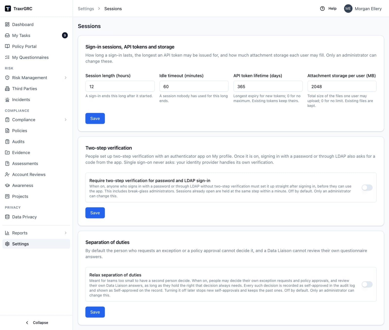 The Sessions screen with the Sign-in sessions, API tokens and storage card, the Two-step verification card and the Separation of duties card.