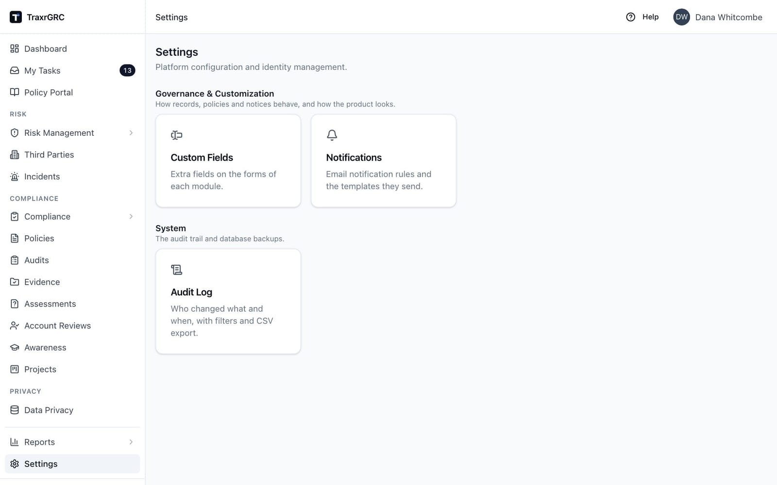 The Settings page as a GRC Manager sees it, with only the Custom Fields, Notifications and Audit Log cards.