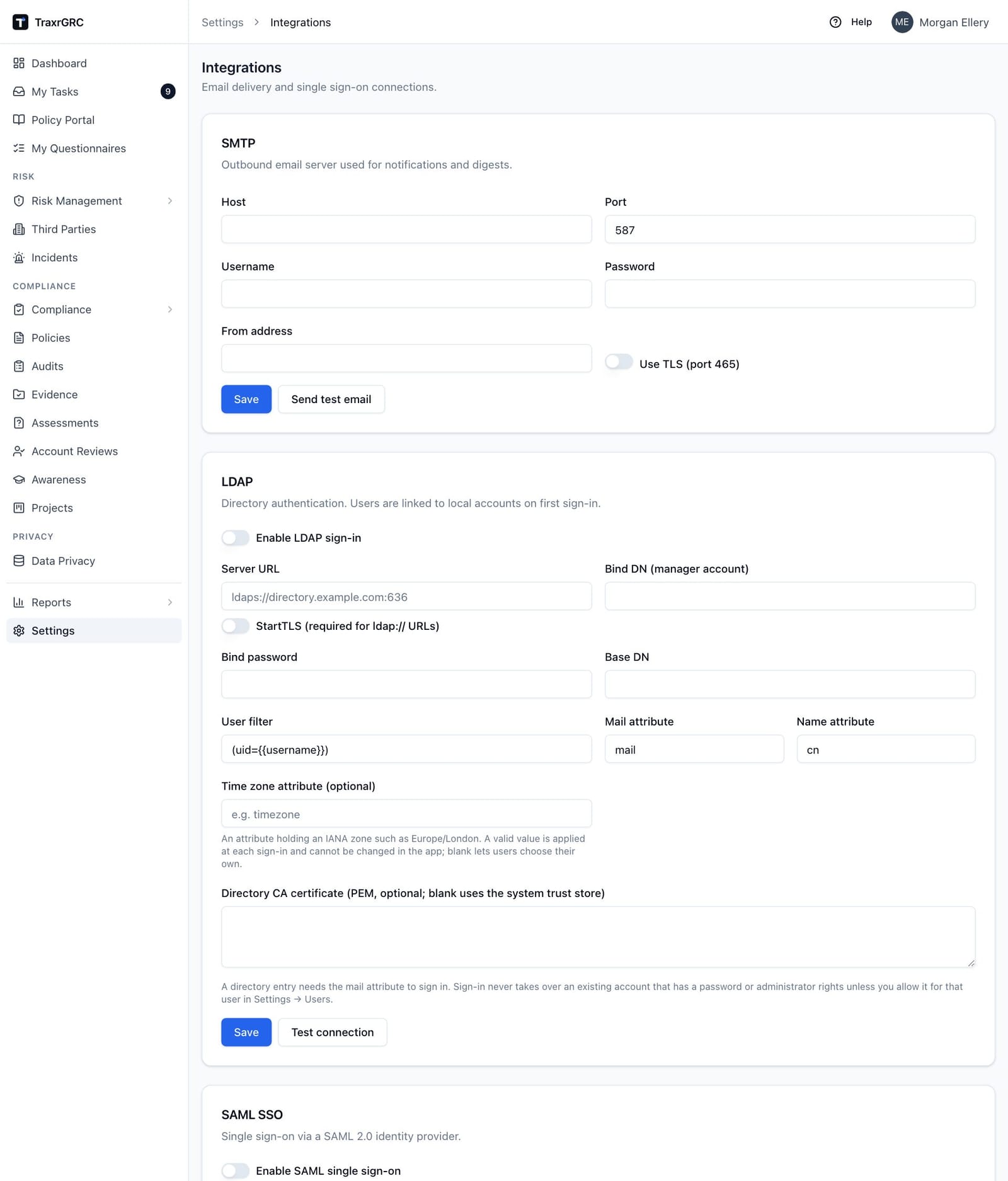 The Integrations screen with the SMTP and LDAP cards; the SAML SSO card follows below.
