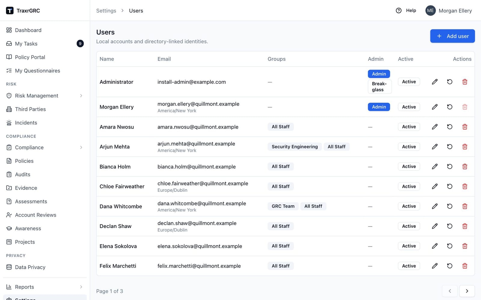 The Users list, showing each account's groups, administrator and active badges and the row actions.