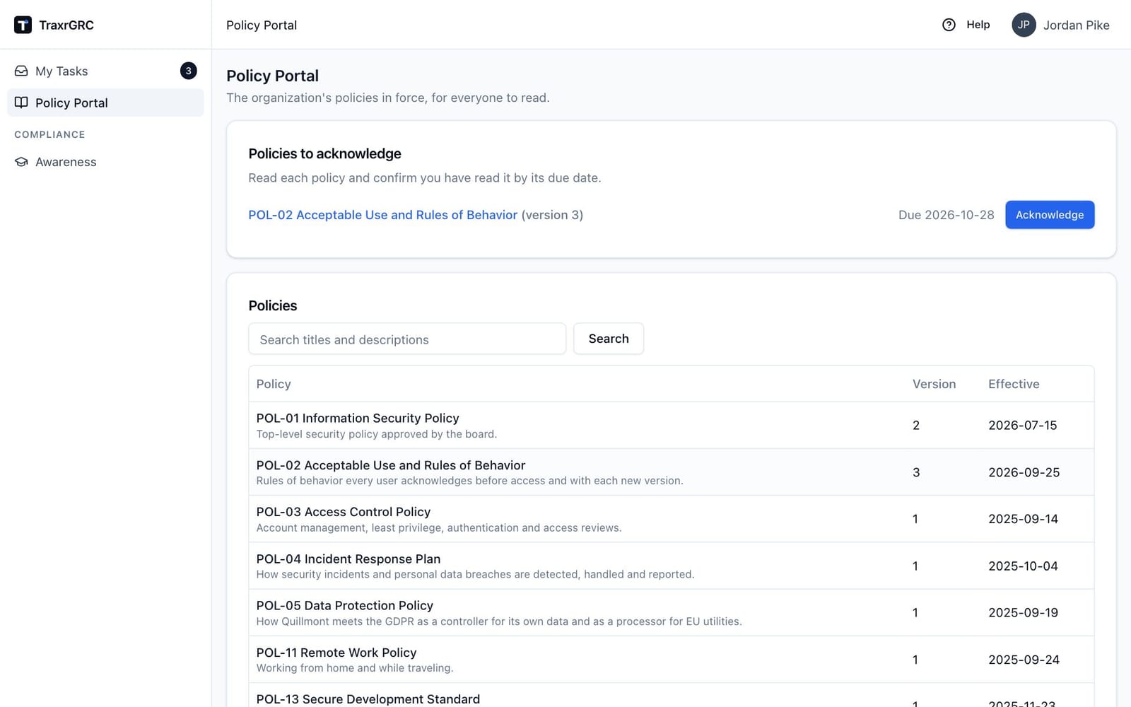 The Policy Portal as a staff member sees it, with Policies to acknowledge above the list of published policies.