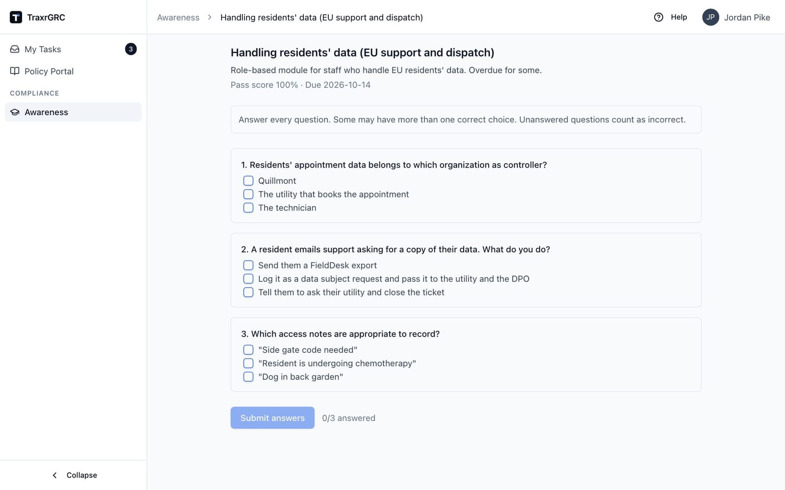 The test page as a staff member sees it, with checkbox choices for each question and the Submit answers button.