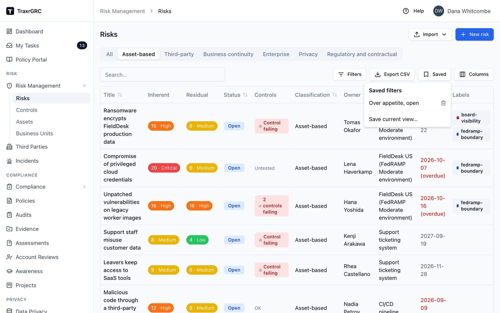 The risk register table with the Saved menu open, showing a saved view named Over appetite, open.