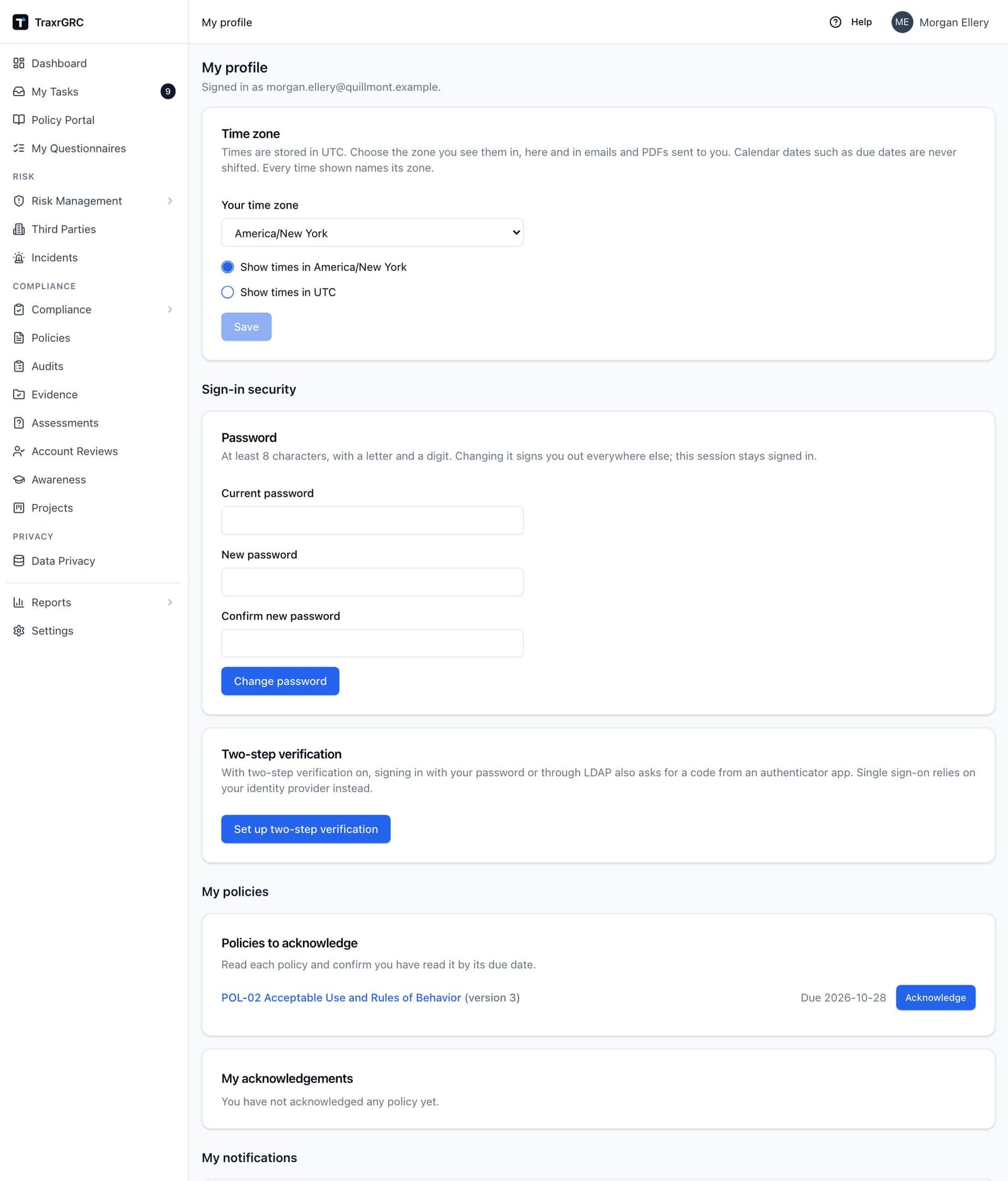 The Sign-in security section of My profile, with the Password card and the Two-step verification card.