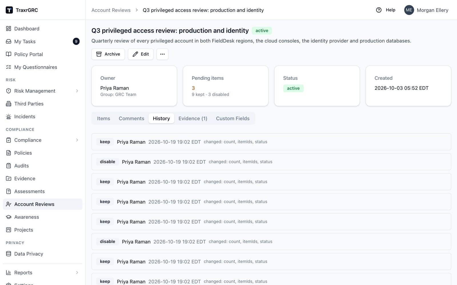 The History tab of the Q3 privileged access review, listing each keep and disable decision with its actor and time.