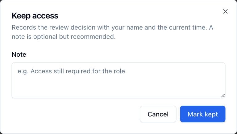 The Keep access dialog for a pending account, with the optional note field.