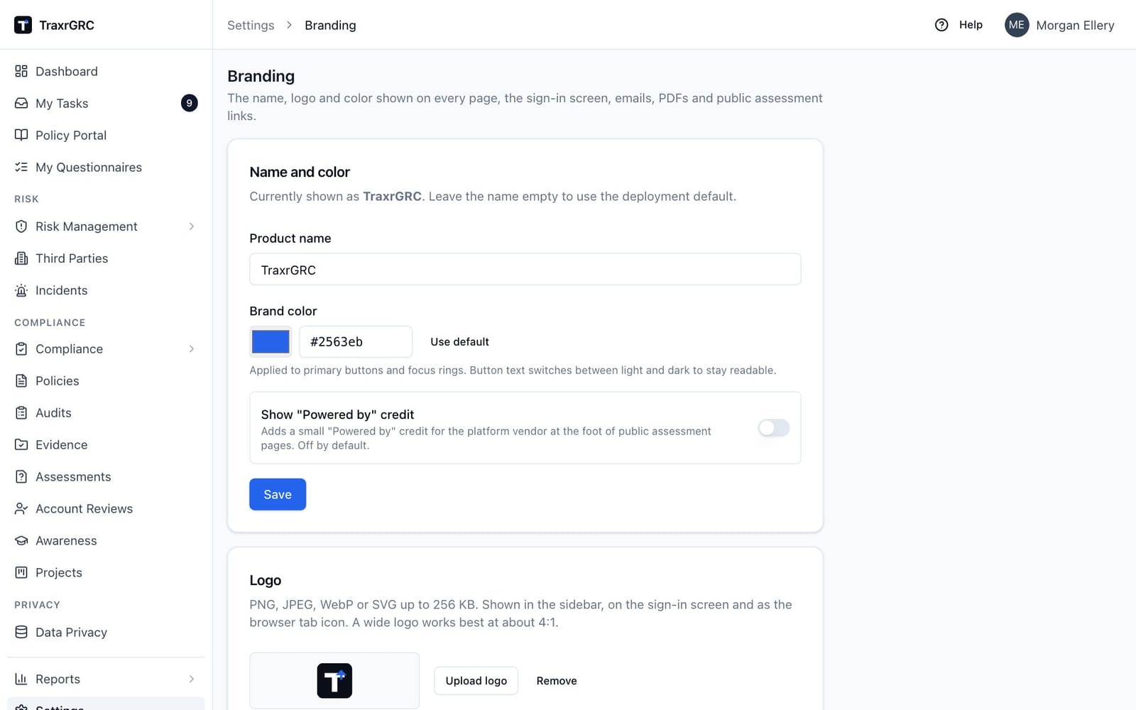 The Branding screen with the product name, brand color and logo of the demo instance.