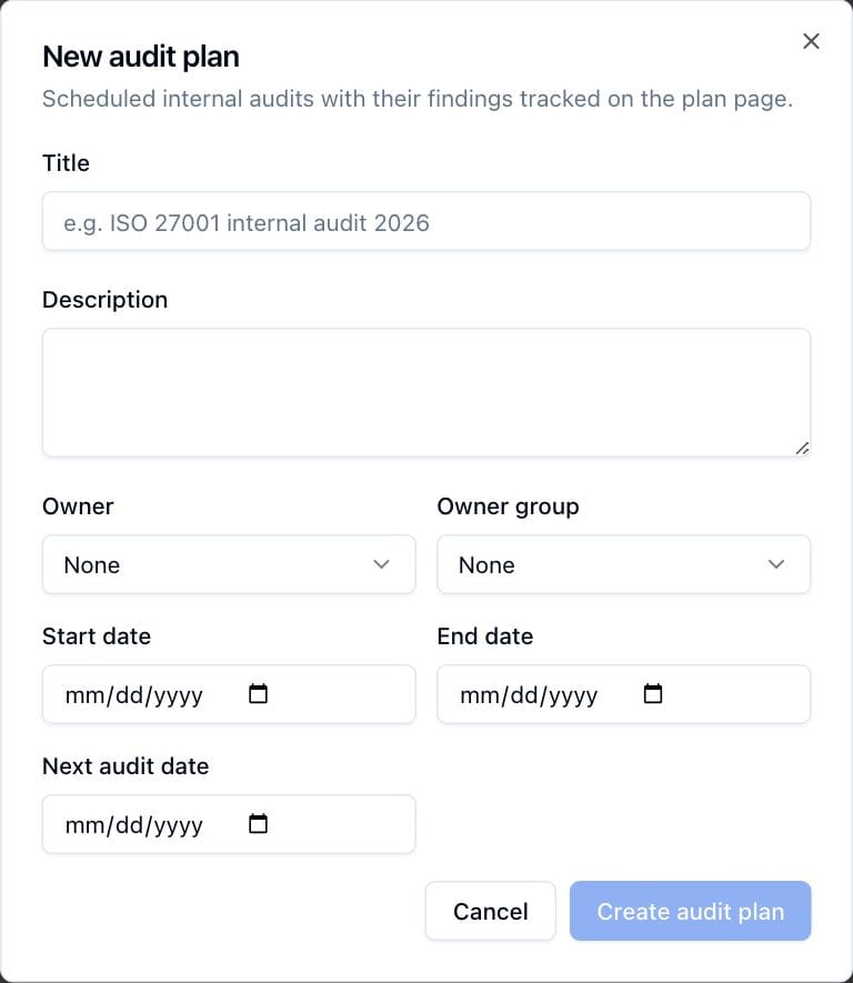 The New audit plan dialog with title, description, owner, owner group and the start, end and next audit dates.