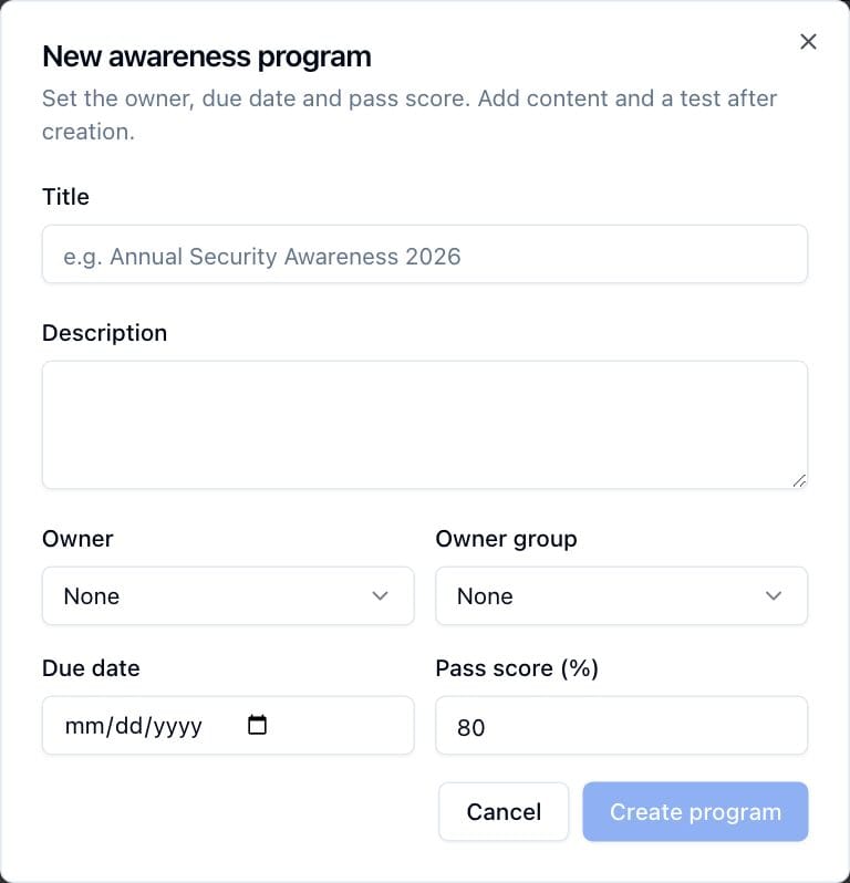 The New awareness program dialog with its title, owner, due date and pass score fields.