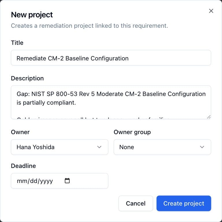 The New project dialog opened from a gap, pre-filled with the requirement's code, name, status and analysis notes.