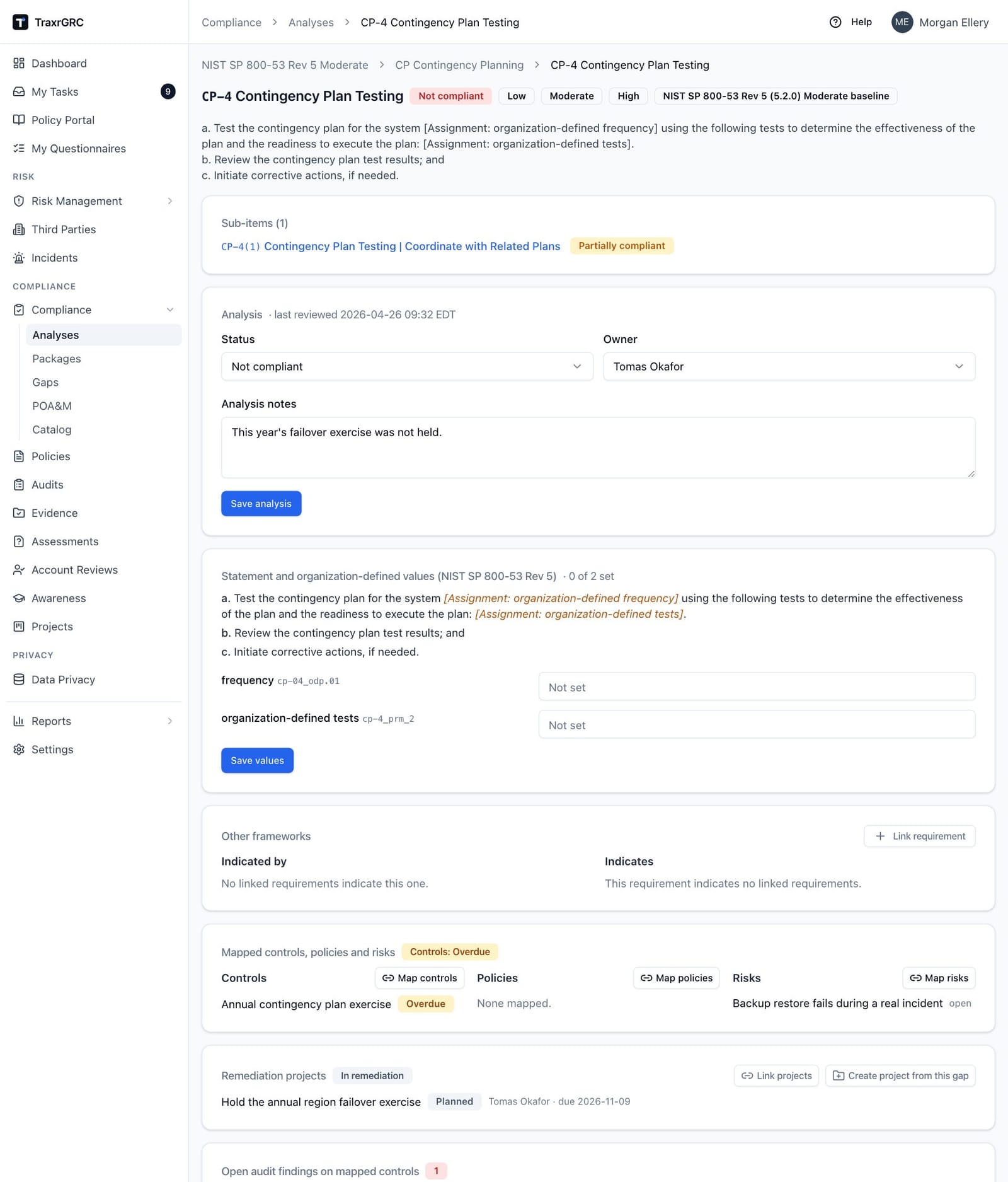 A requirement's Exceptions tab with a requested exception awaiting a decision.