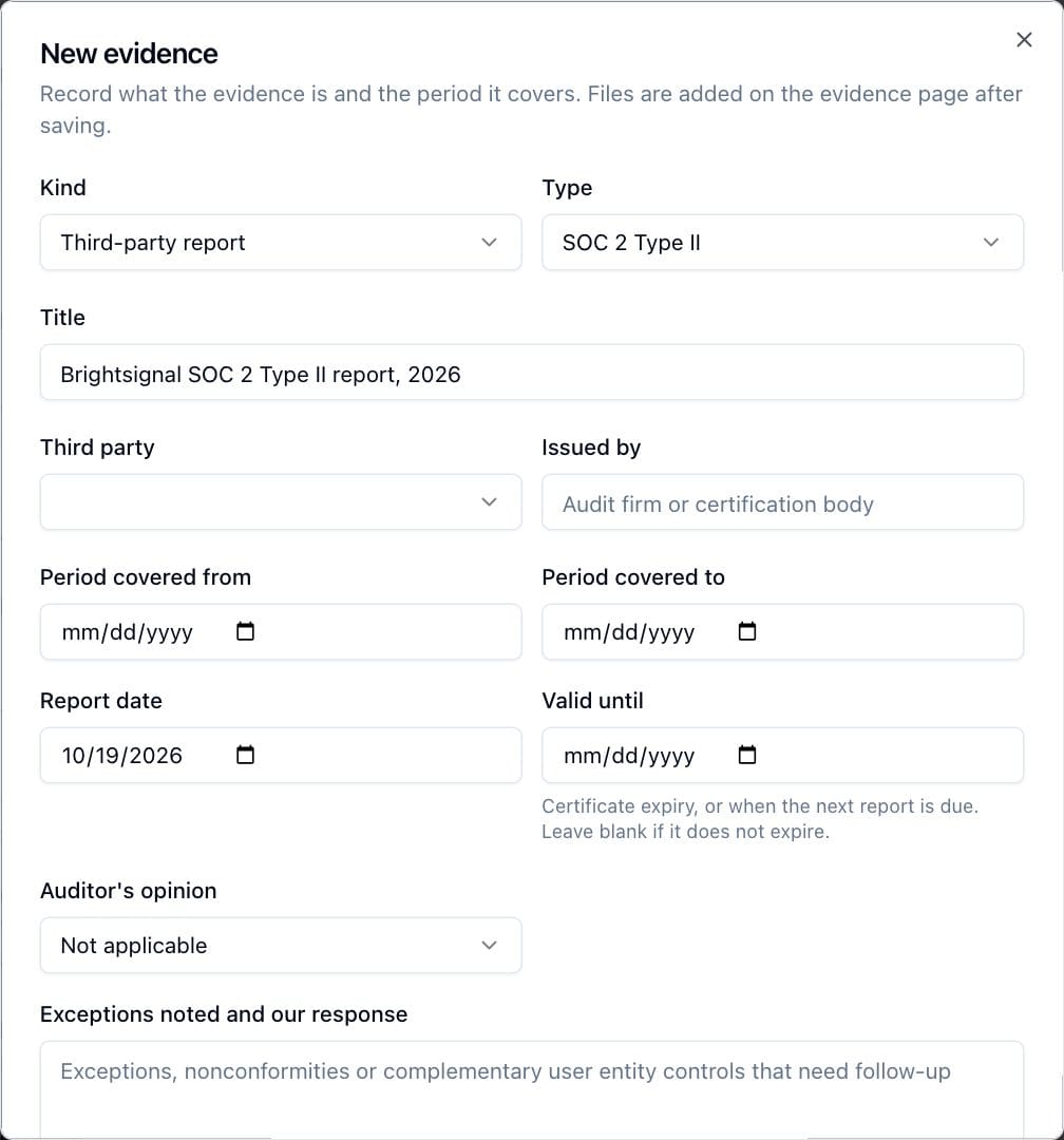 The New evidence dialog for a third-party report.
