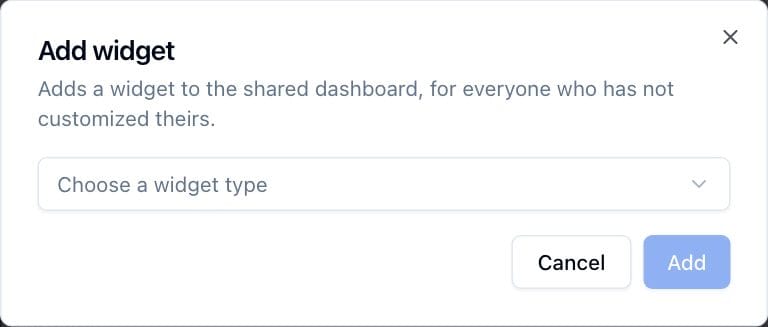 The Add widget dialog for the shared dashboard. Choose a widget type, then click Add.