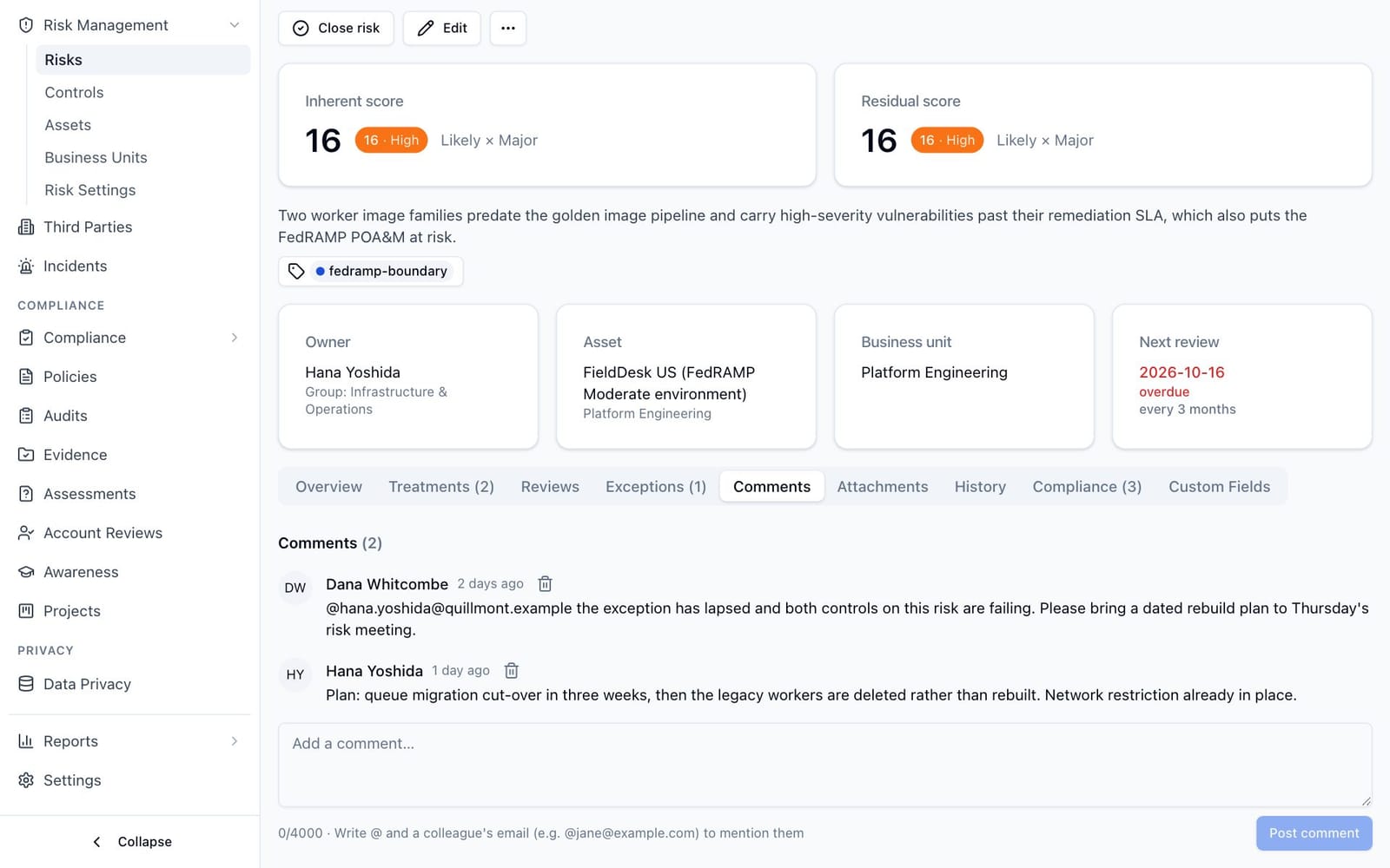 The Comments tab of a risk, with a comment that mentions a colleague by email address and the reply below it.