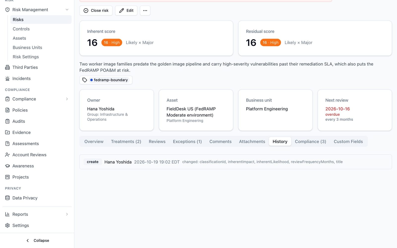 The History tab of a risk, listing each change with who made it, when and which fields changed.