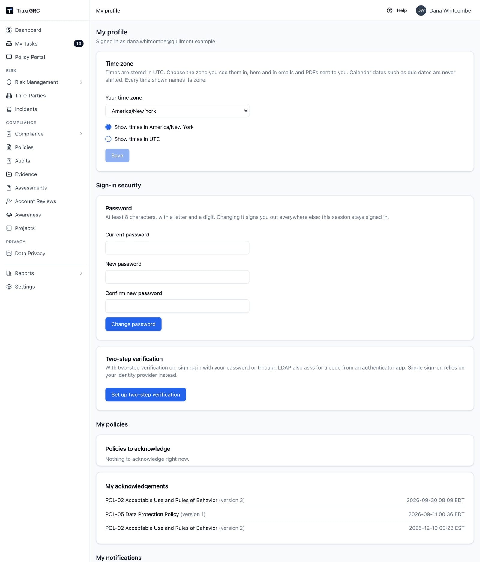 My profile, with the Time zone card, the Sign-in security cards and My policies.