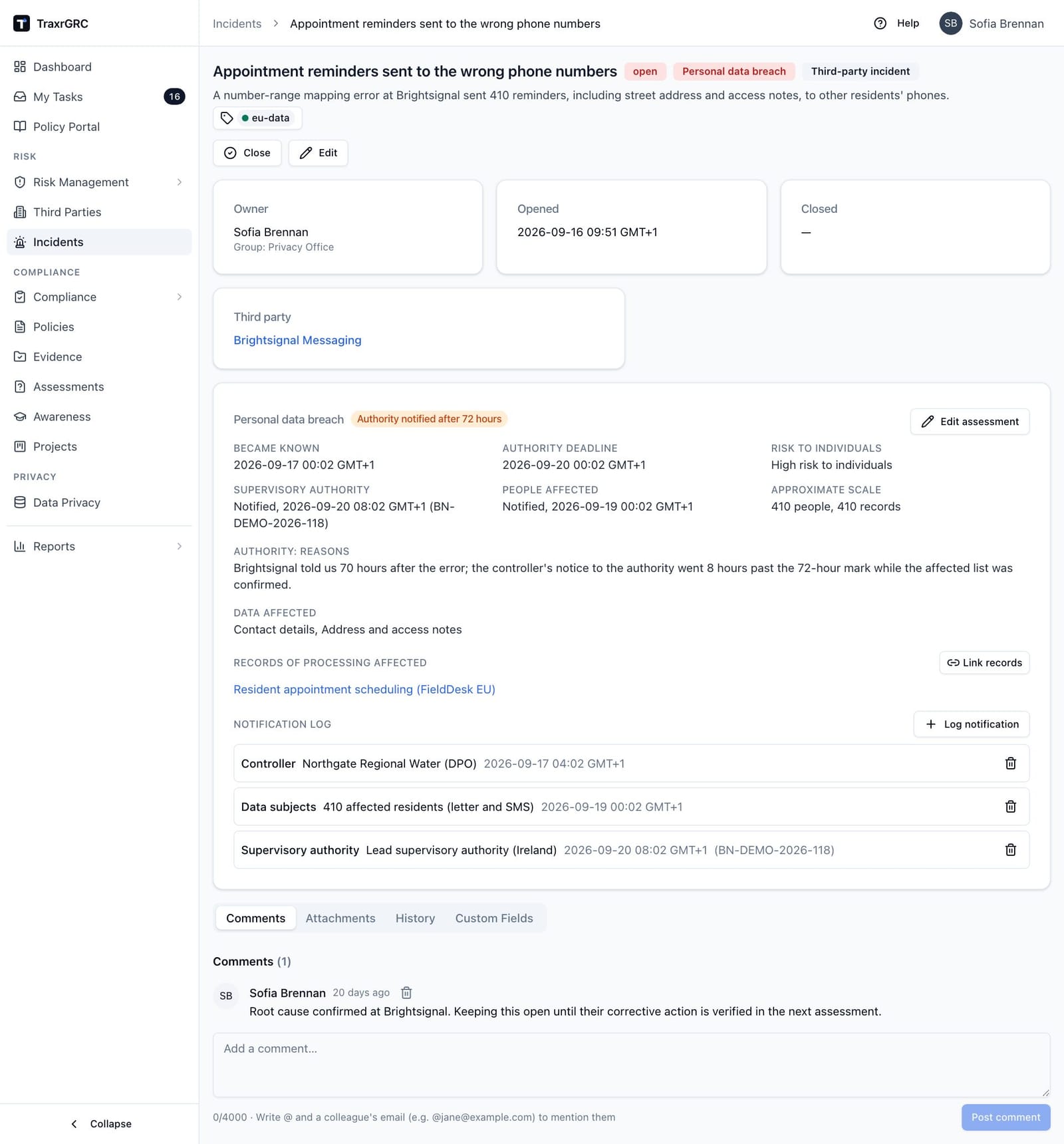 A breach notified to the authority after the 72-hour deadline, with the reasons for the delay and a notification log of the controller, authority and residents.