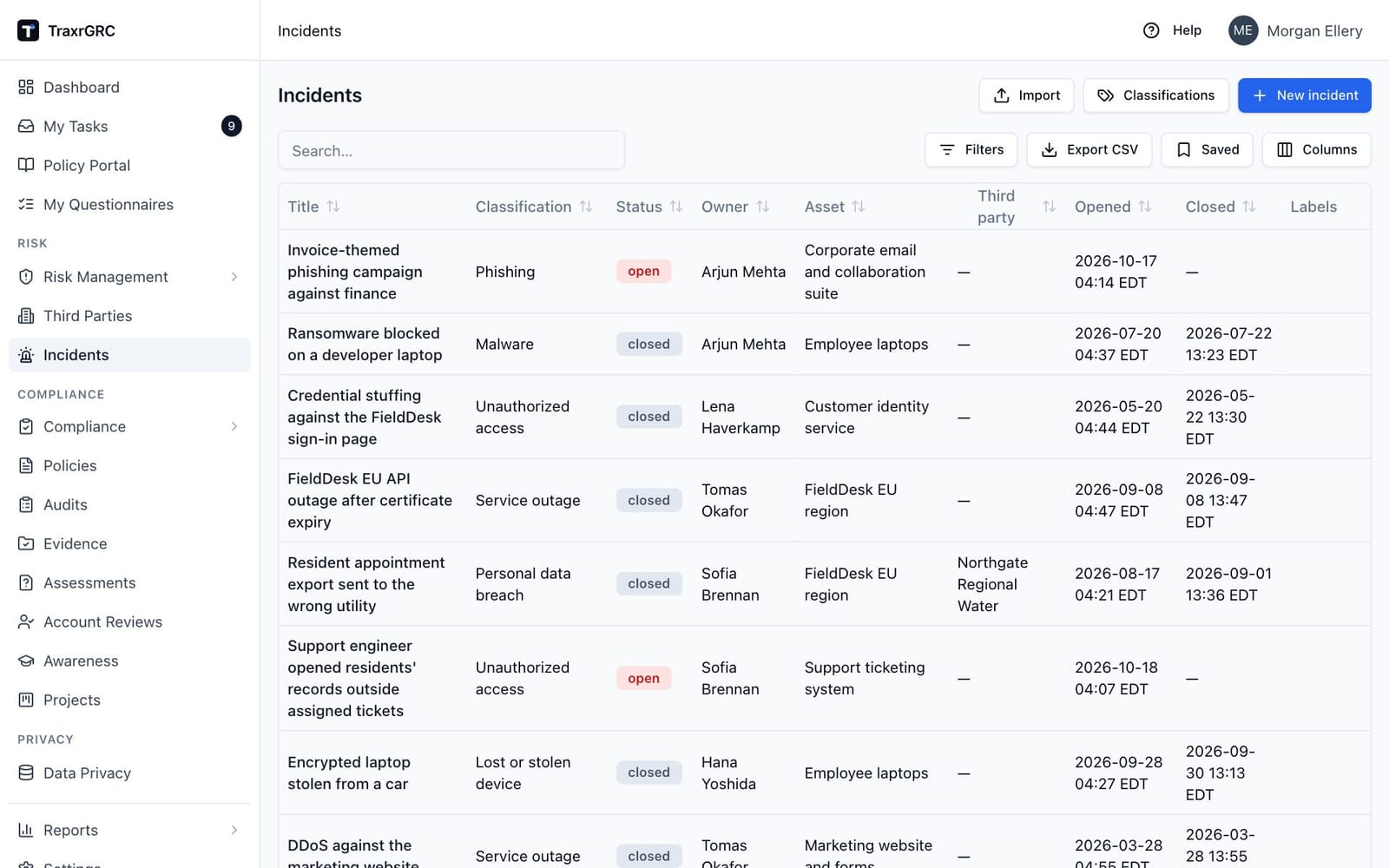 The incidents list, showing open and closed incidents with their classification, owner, linked asset or third party, and opened and closed dates.