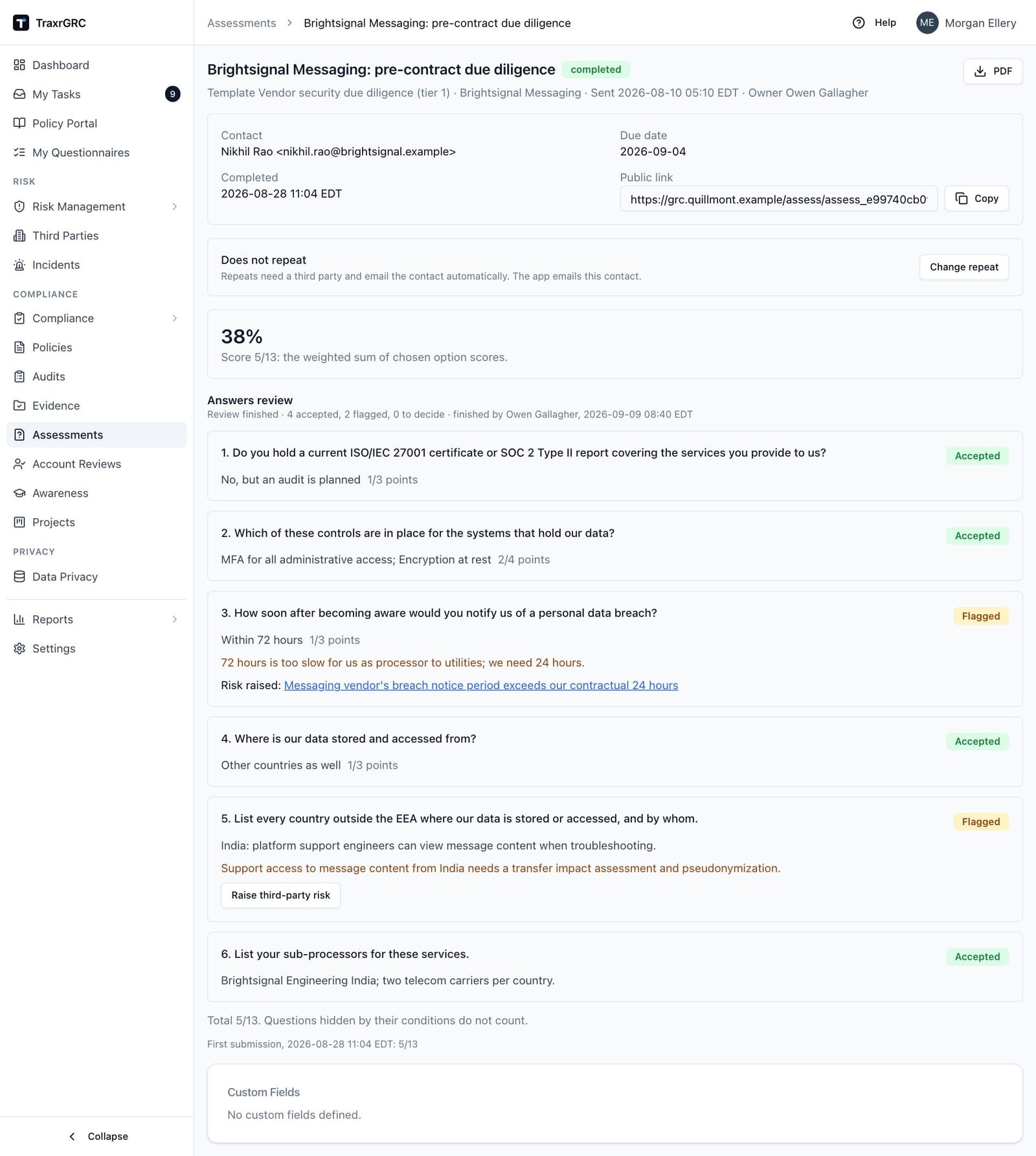 The finished review of the Brightsignal Messaging due diligence, with two flagged answers, their comments, and the third-party risk raised from one of them.