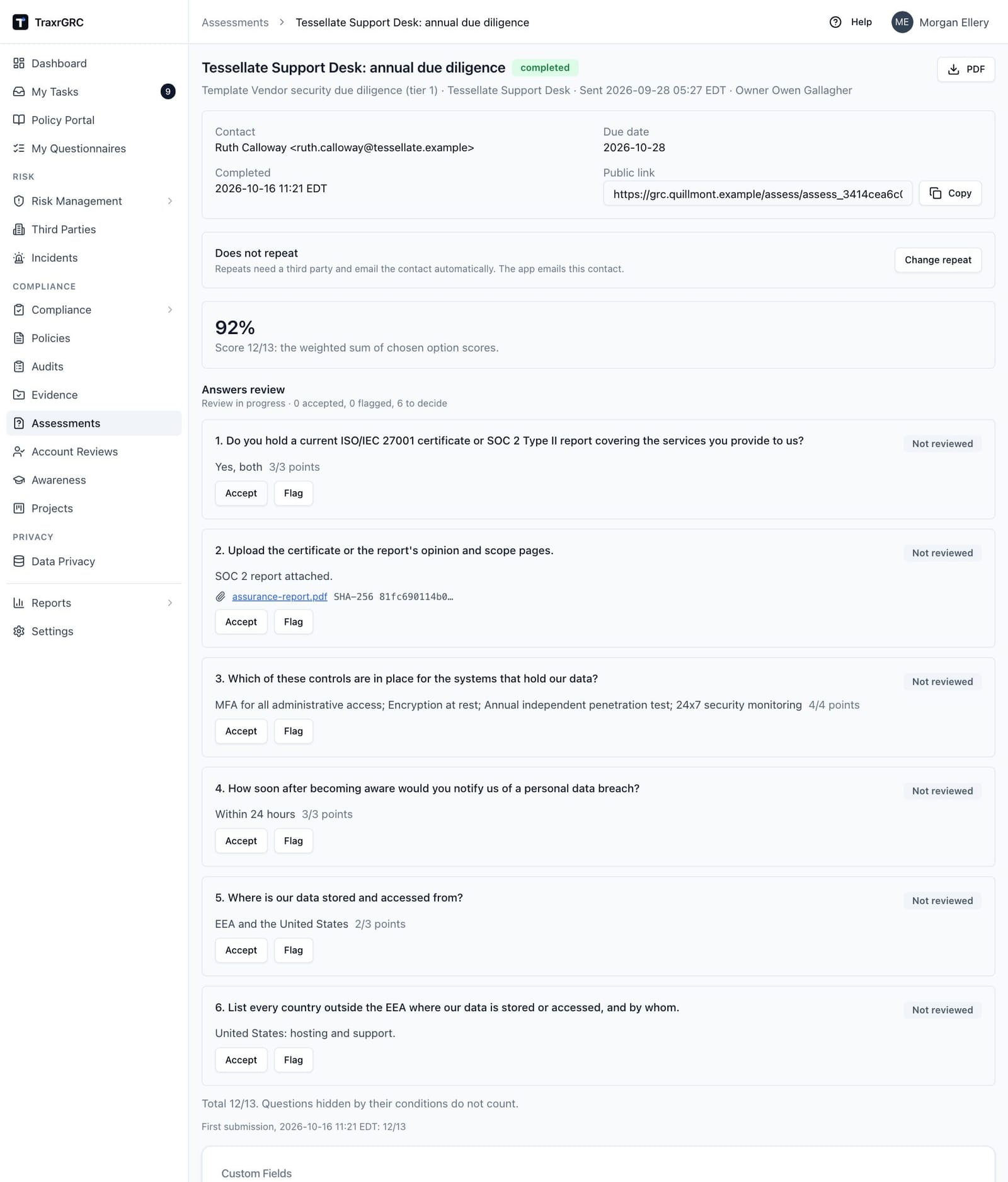 The Tessellate Support Desk due diligence answers awaiting review, each with Accept and Flag buttons and the attached assurance report file.