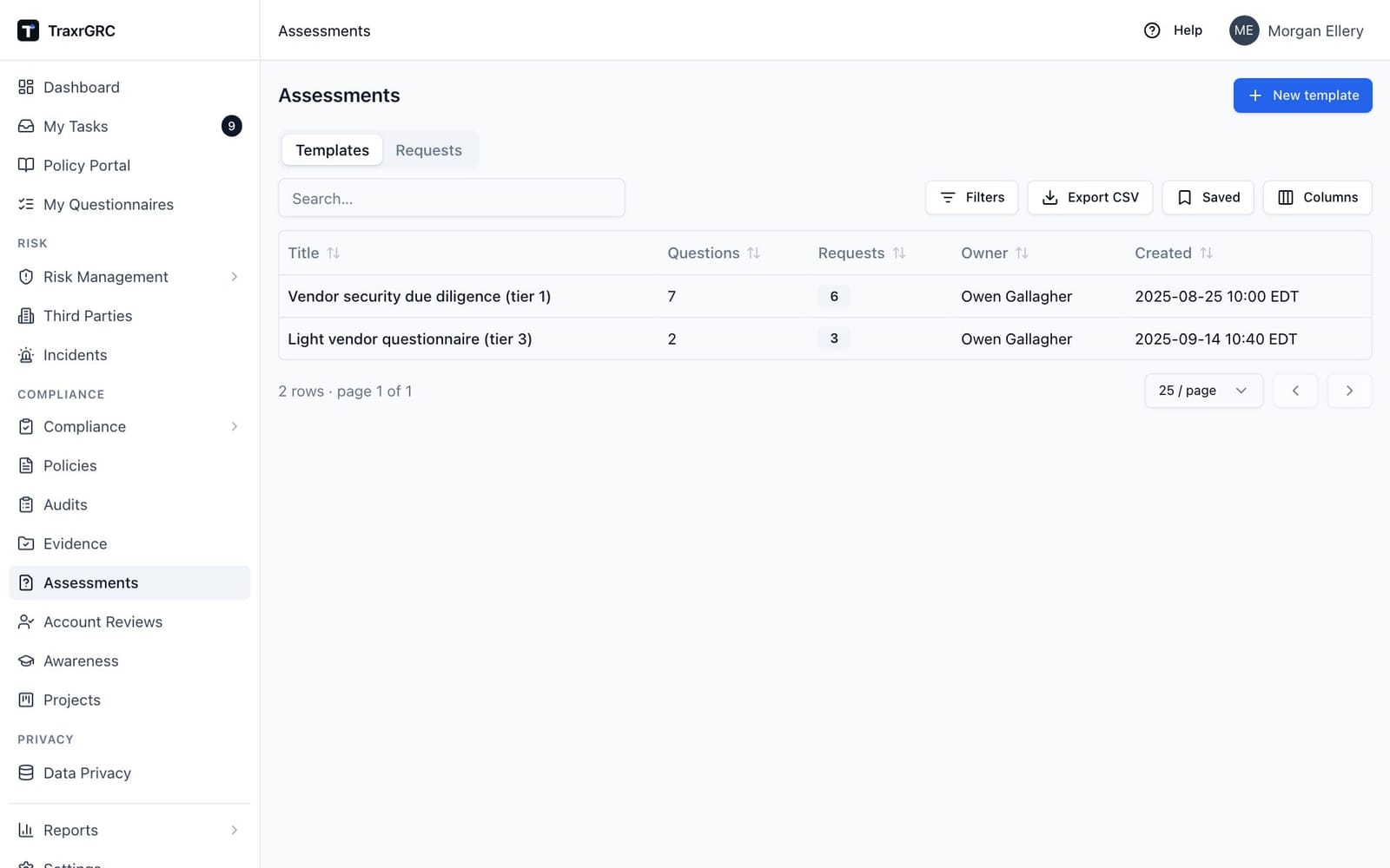 The Assessments page on the Templates tab, listing the tier 1 due diligence and tier 3 light questionnaires with their question and request counts.