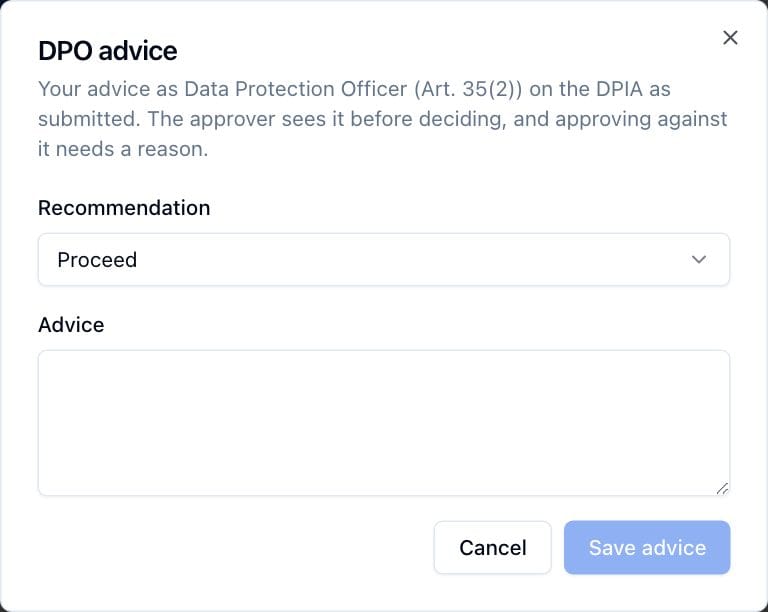The DPO advice dialog, with the recommendation, the advice text and Save advice.