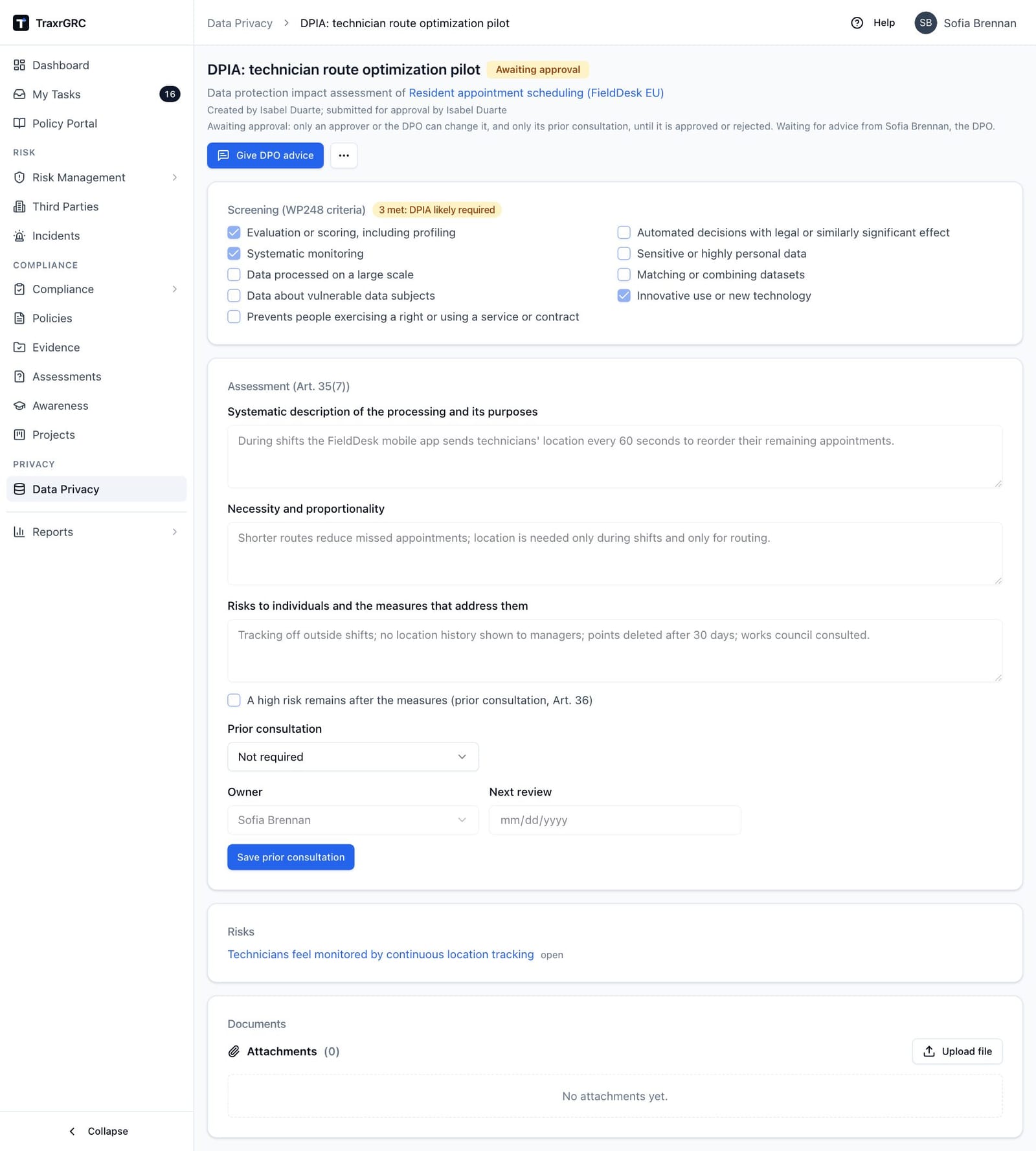 A DPIA awaiting approval, showing the frozen-state notice, the completed assessment and the linked risk.