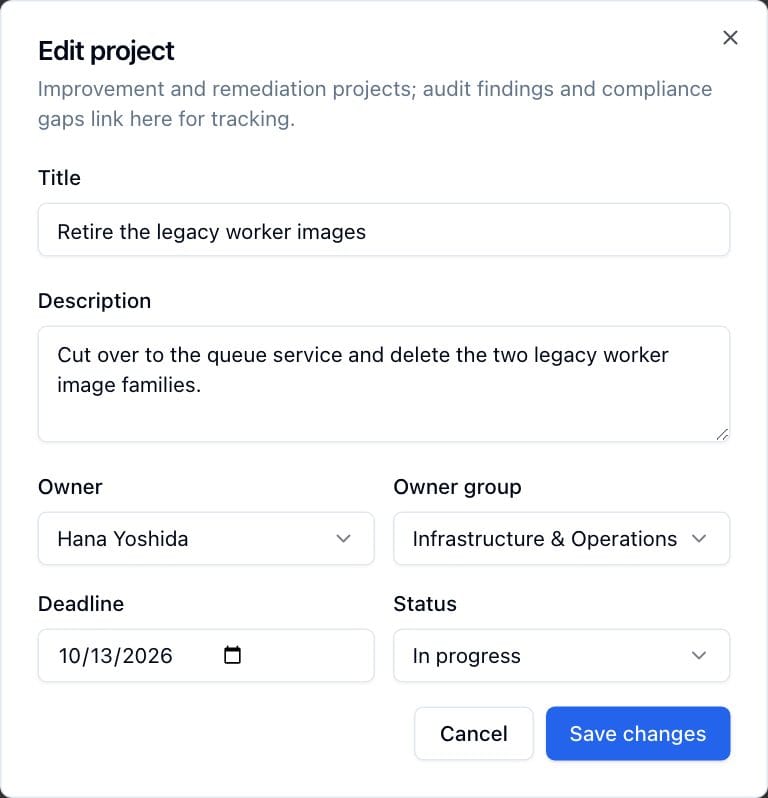 The Edit project dialog with its Status field.