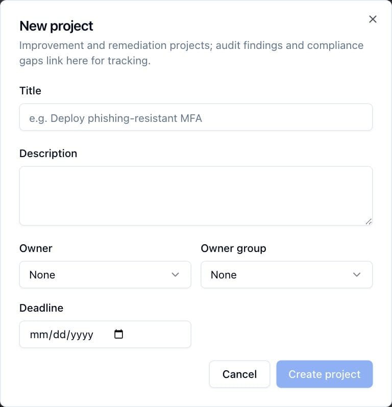 The New project dialog with title, description, owner, owner group and deadline.