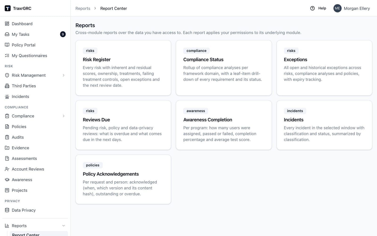 The Report Center landing page, with one card per report showing its module badge, title and description.