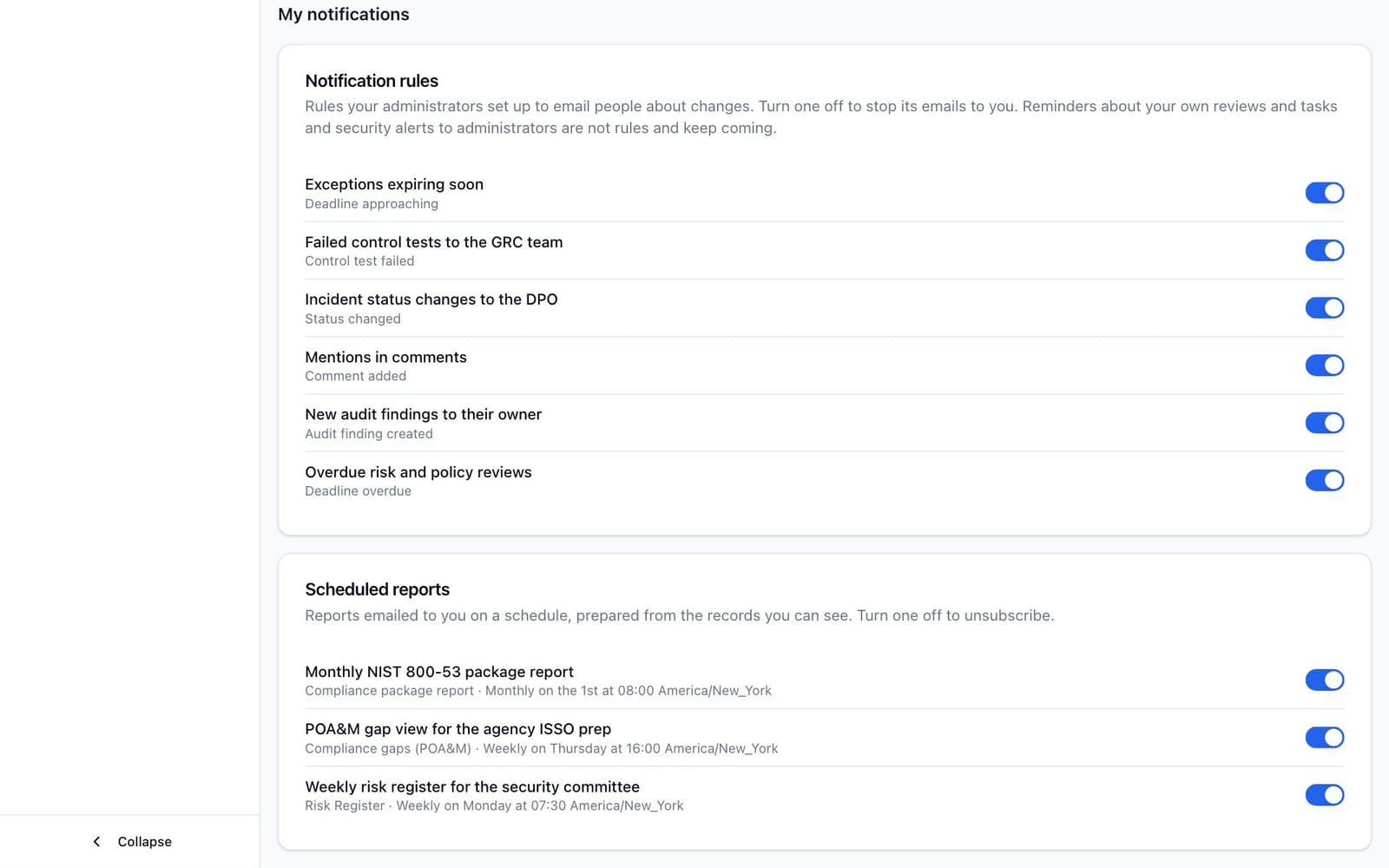 The Scheduled reports card on My profile, listing the reports sent to the user with a switch to unsubscribe from each.