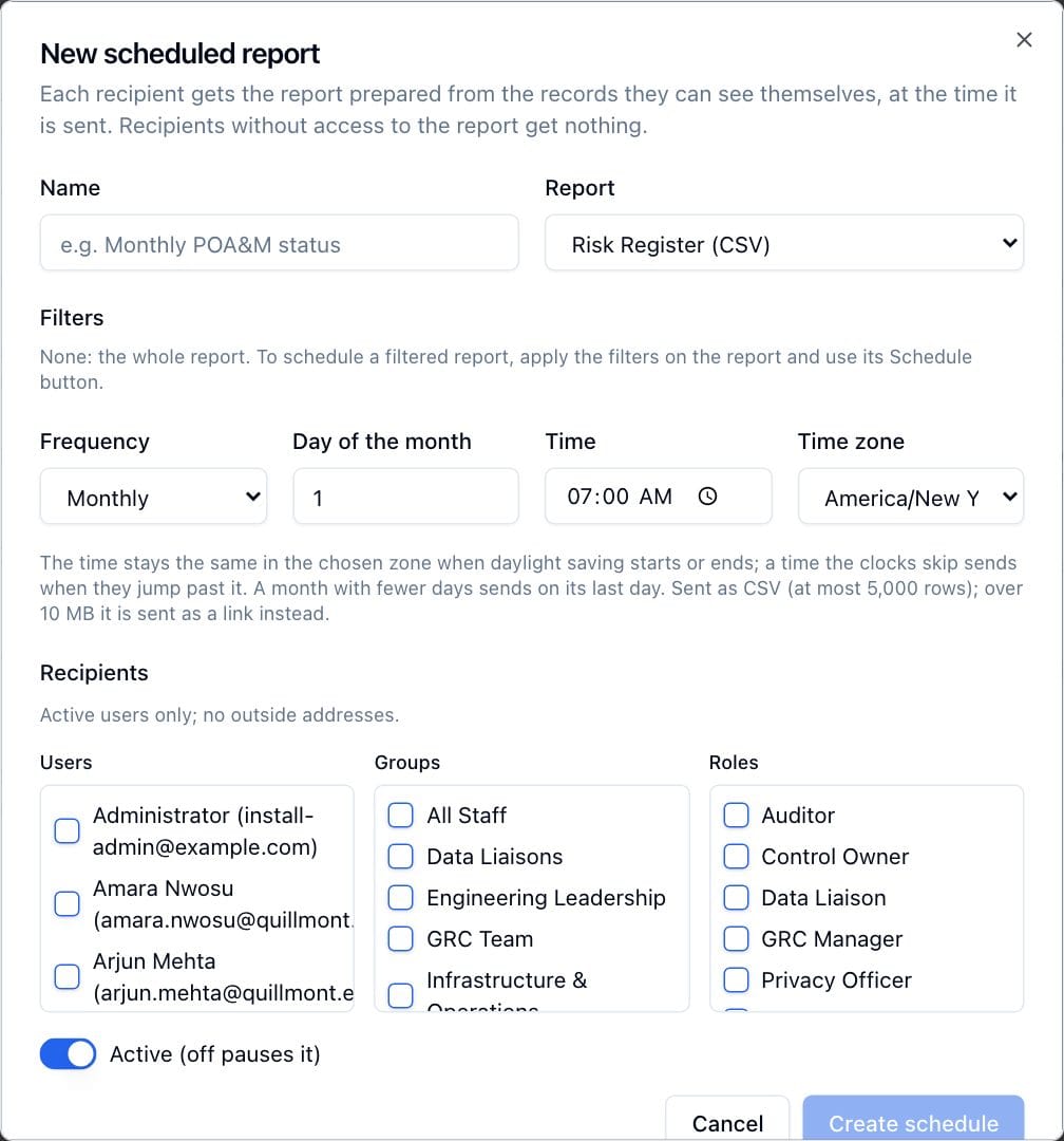 The New scheduled report dialog with the report, frequency, time, time zone and recipient fields.