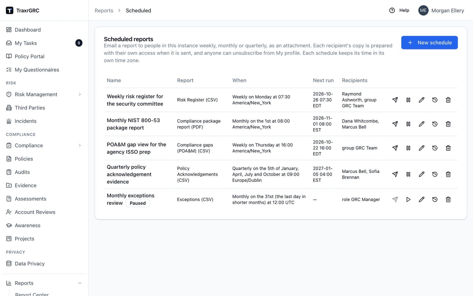 The Scheduled reports page listing the demo schedules, including a paused monthly exceptions review, with their timing, next run and recipients.