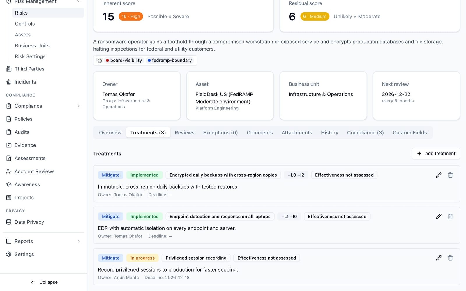 The Treatments tab of a risk, with implemented and in-progress mitigations, their linked controls and reductions.