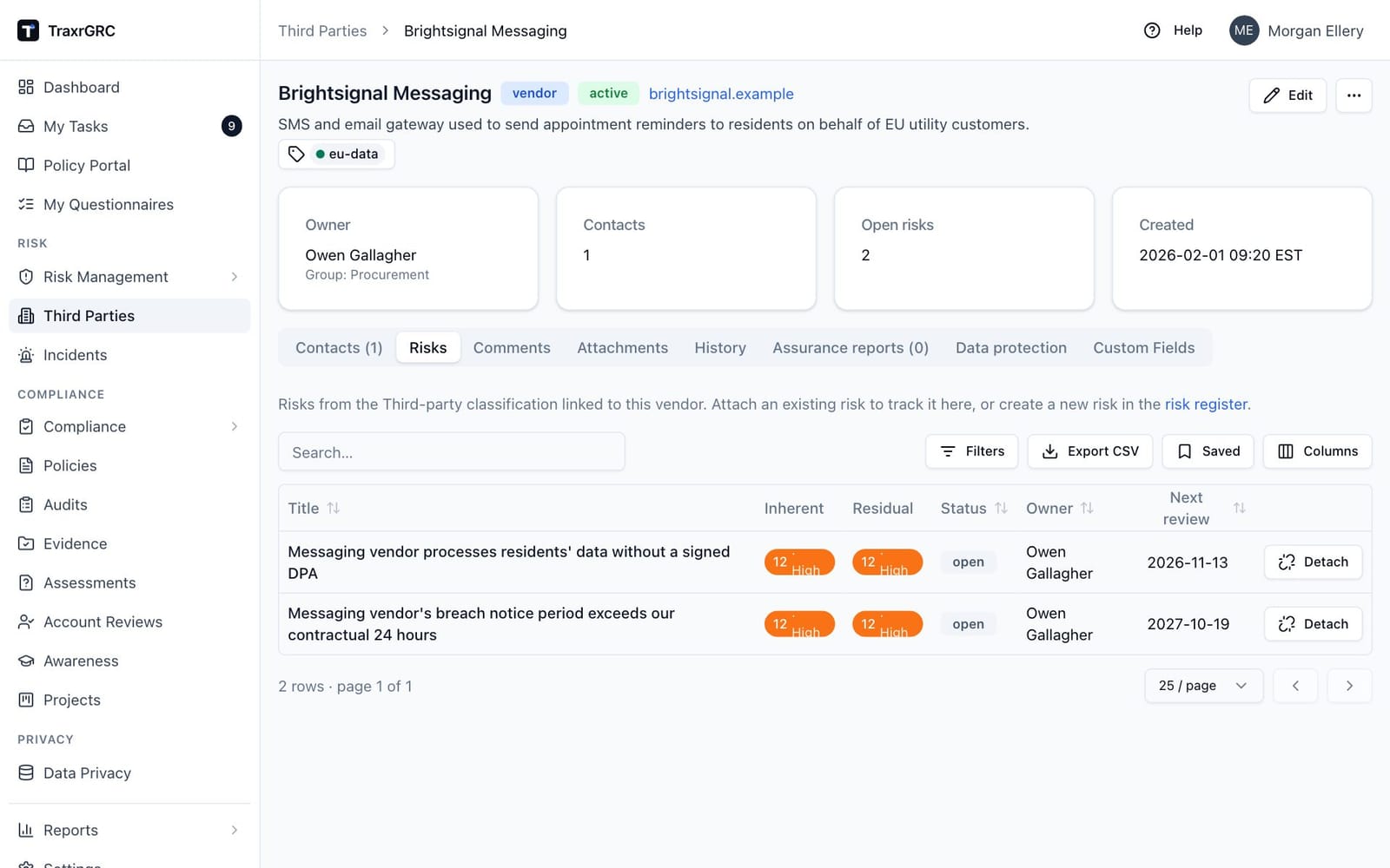 The Risks tab of a vendor, listing the linked third-party risks with their inherent and residual scores, status, owner, next review date and Detach button.
